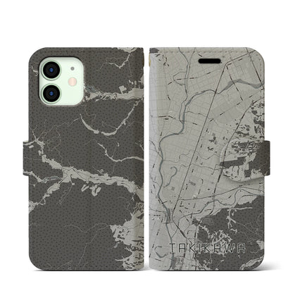 【滝川（北海道）】地図柄iPhoneケース（手帳タイプ）モノトーン・iPhone 12 mini 用