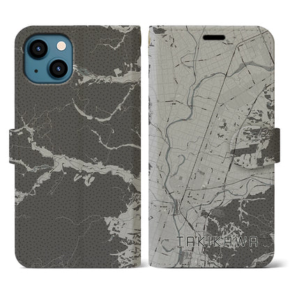 【滝川（北海道）】地図柄iPhoneケース（手帳タイプ）モノトーン・iPhone 13 用