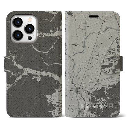 【滝川（北海道）】地図柄iPhoneケース（手帳タイプ）モノトーン・iPhone 13 Pro 用