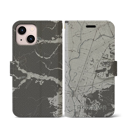 【滝川（北海道）】地図柄iPhoneケース（手帳タイプ）モノトーン・iPhone 13 mini 用