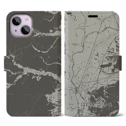 【滝川（北海道）】地図柄iPhoneケース（手帳タイプ）モノトーン・iPhone 14 用