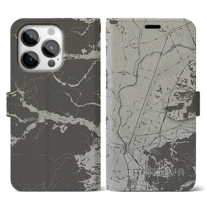 【滝川（北海道）】地図柄iPhoneケース（手帳タイプ）モノトーン・iPhone 14 Pro 用