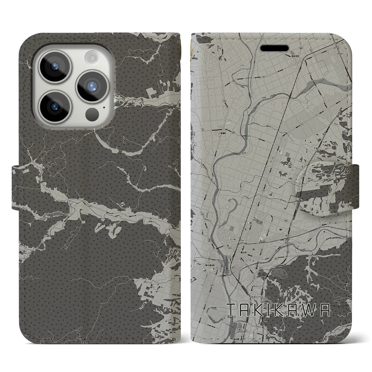 【滝川】地図柄iPhoneケース（手帳両面タイプ・モノトーン）iPhone 15 Pro 用