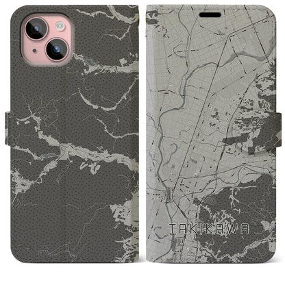 【滝川（北海道）】地図柄iPhoneケース（手帳タイプ）モノトーン・iPhone 15 Plus 用