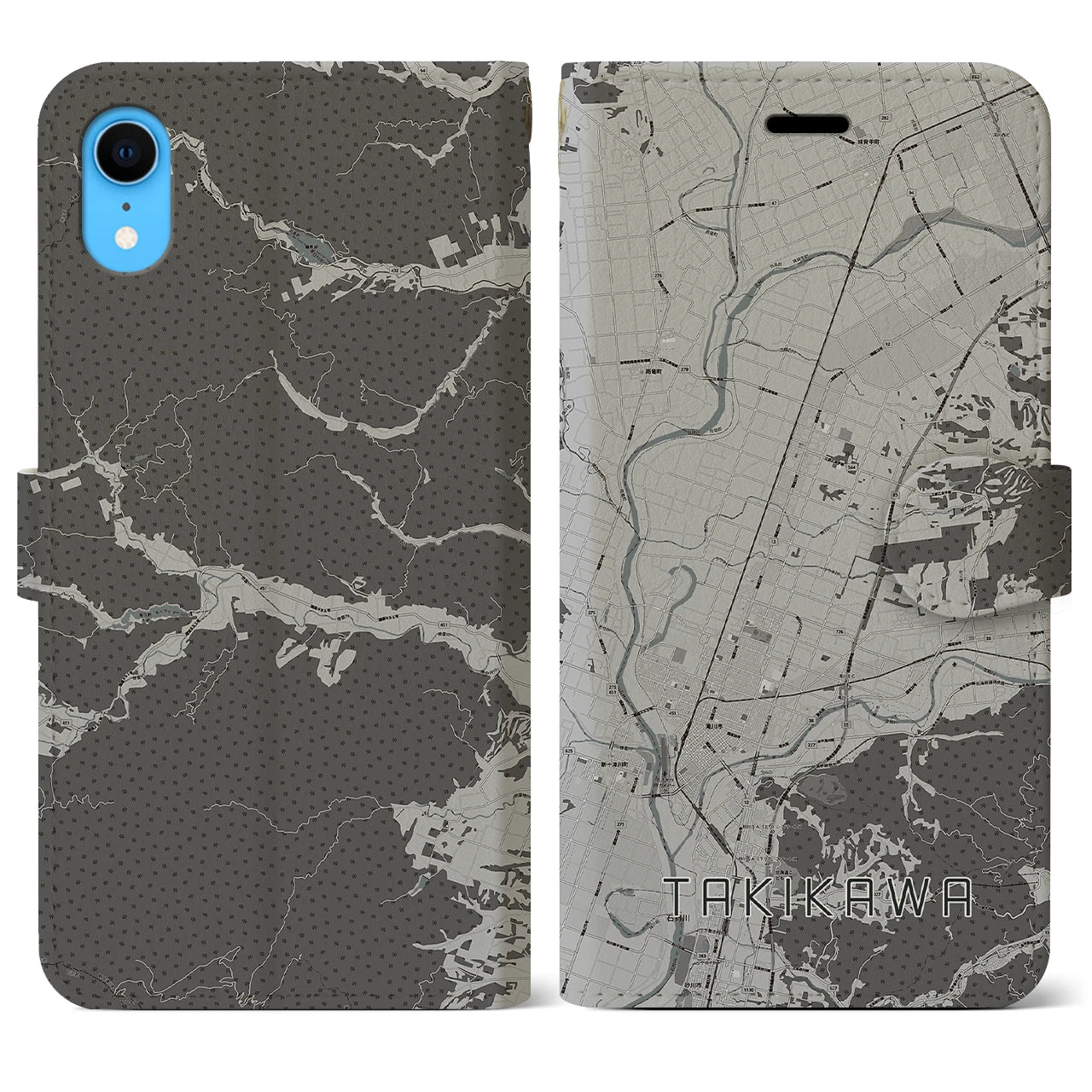 【滝川】地図柄iPhoneケース（手帳両面タイプ・モノトーン）iPhone XR 用