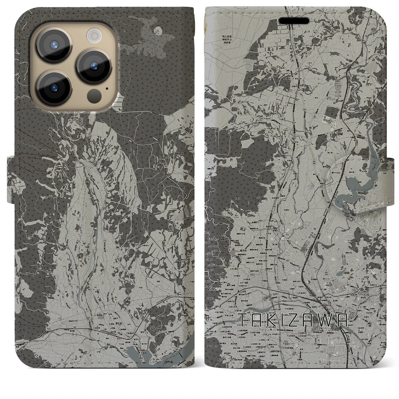 【滝沢】地図柄iPhoneケース（手帳両面タイプ・モノトーン）iPhone 14 Pro Max 用