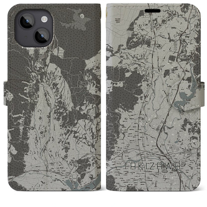 【滝沢（岩手県）】地図柄iPhoneケース（手帳タイプ）モノトーン・iPhone 14 Plus 用