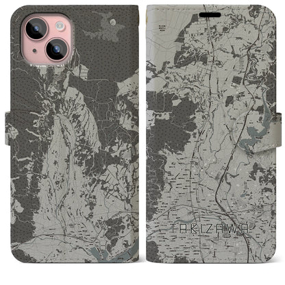 【滝沢（岩手県）】地図柄iPhoneケース（手帳タイプ）モノトーン・iPhone 15 Plus 用