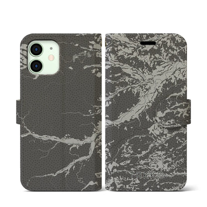 【田子（青森県）】地図柄iPhoneケース（手帳タイプ）モノトーン・iPhone 12 mini 用