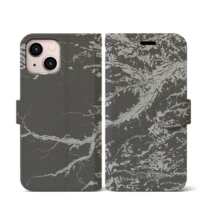 【田子（青森県）】地図柄iPhoneケース（手帳タイプ）モノトーン・iPhone 13 mini 用