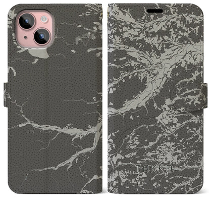 【田子（青森県）】地図柄iPhoneケース（手帳タイプ）モノトーン・iPhone 15 Plus 用