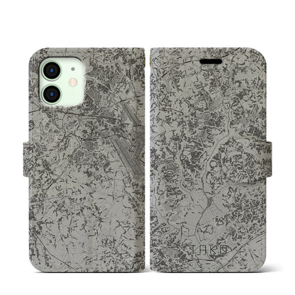 【多古（千葉県）】地図柄iPhoneケース（手帳タイプ）モノトーン・iPhone 12 mini 用