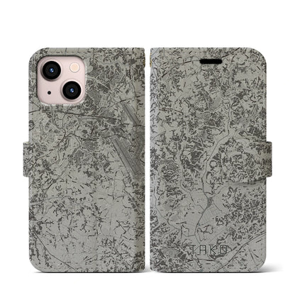 【多古（千葉県）】地図柄iPhoneケース（手帳タイプ）モノトーン・iPhone 13 mini 用