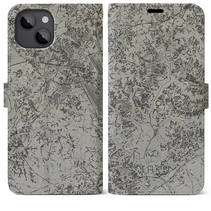 【多古（千葉県）】地図柄iPhoneケース（手帳タイプ）モノトーン・iPhone 14 Plus 用