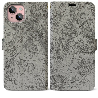 【多古（千葉県）】地図柄iPhoneケース（手帳タイプ）モノトーン・iPhone 15 Plus 用