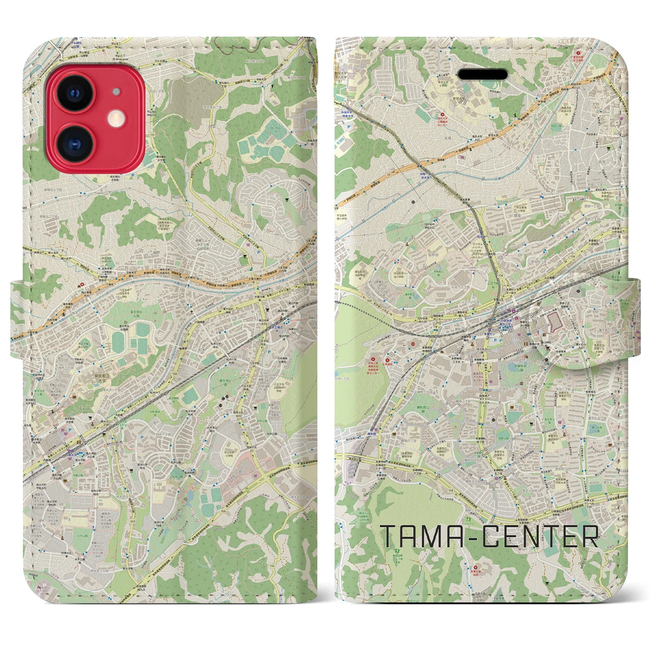 【多摩センター】地図柄iPhoneケース（手帳両面タイプ・ナチュラル）iPhone 11 用