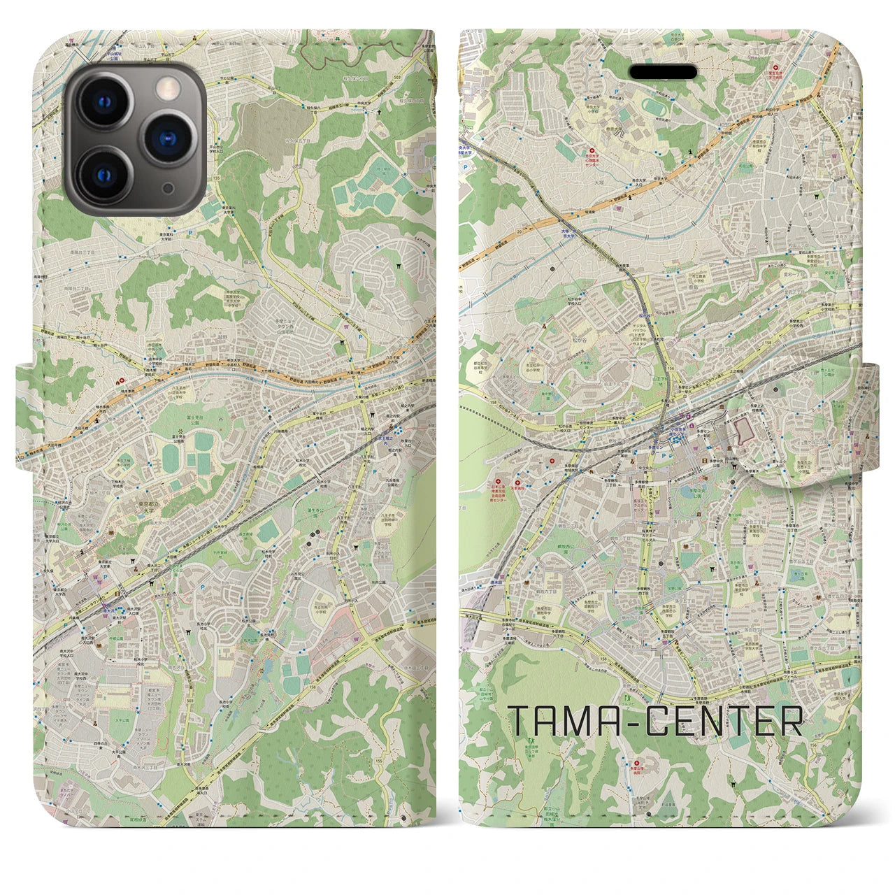 【多摩センター】地図柄iPhoneケース（手帳両面タイプ・ナチュラル）iPhone 11 Pro Max 用