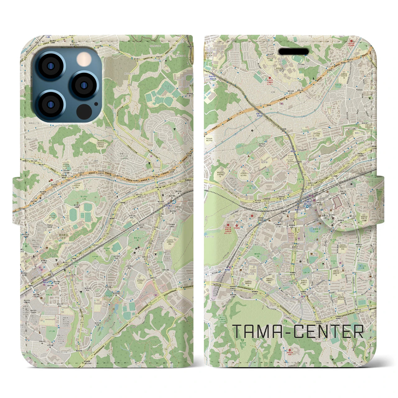 【多摩センター】地図柄iPhoneケース（手帳両面タイプ・ナチュラル）iPhone 12 / 12 Pro 用