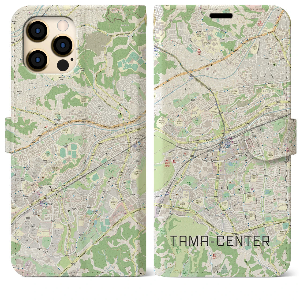 【多摩センター】地図柄iPhoneケース（手帳両面タイプ・ナチュラル）iPhone 12 Pro Max 用