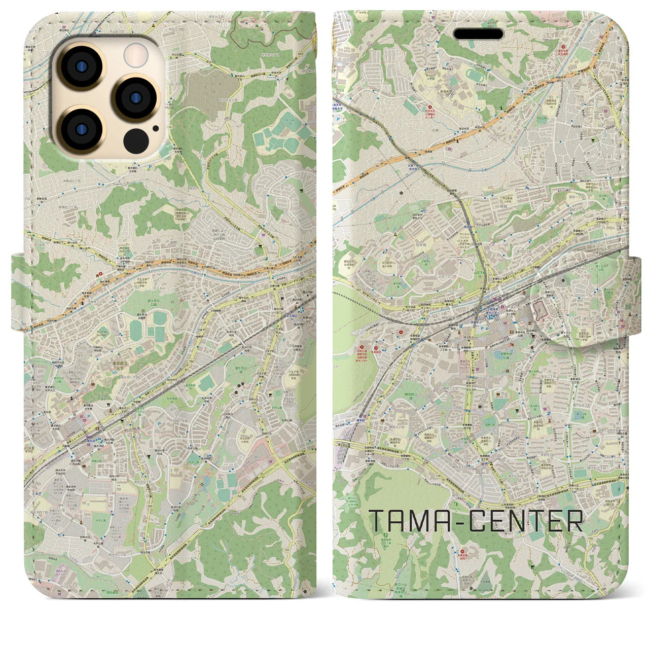 【多摩センター（東京都）】地図柄iPhoneケース（手帳タイプ）ナチュラル・iPhone 12 Pro Max 用