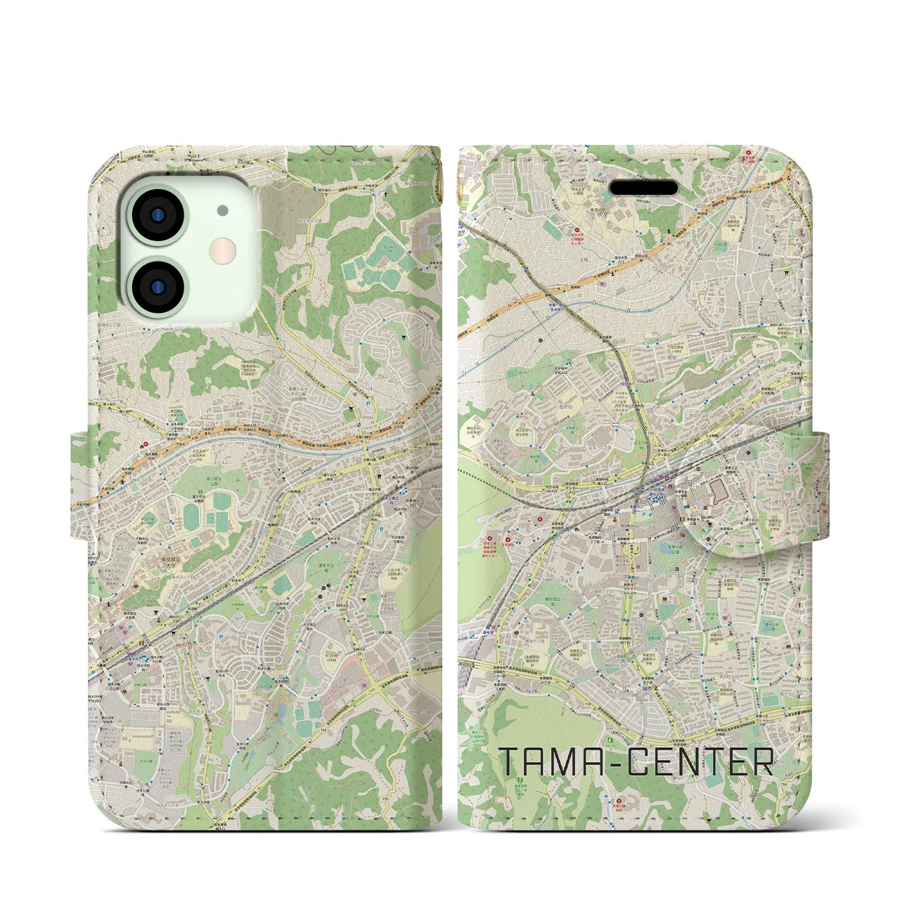 【多摩センター】地図柄iPhoneケース（手帳両面タイプ・ナチュラル）iPhone 12 mini 用