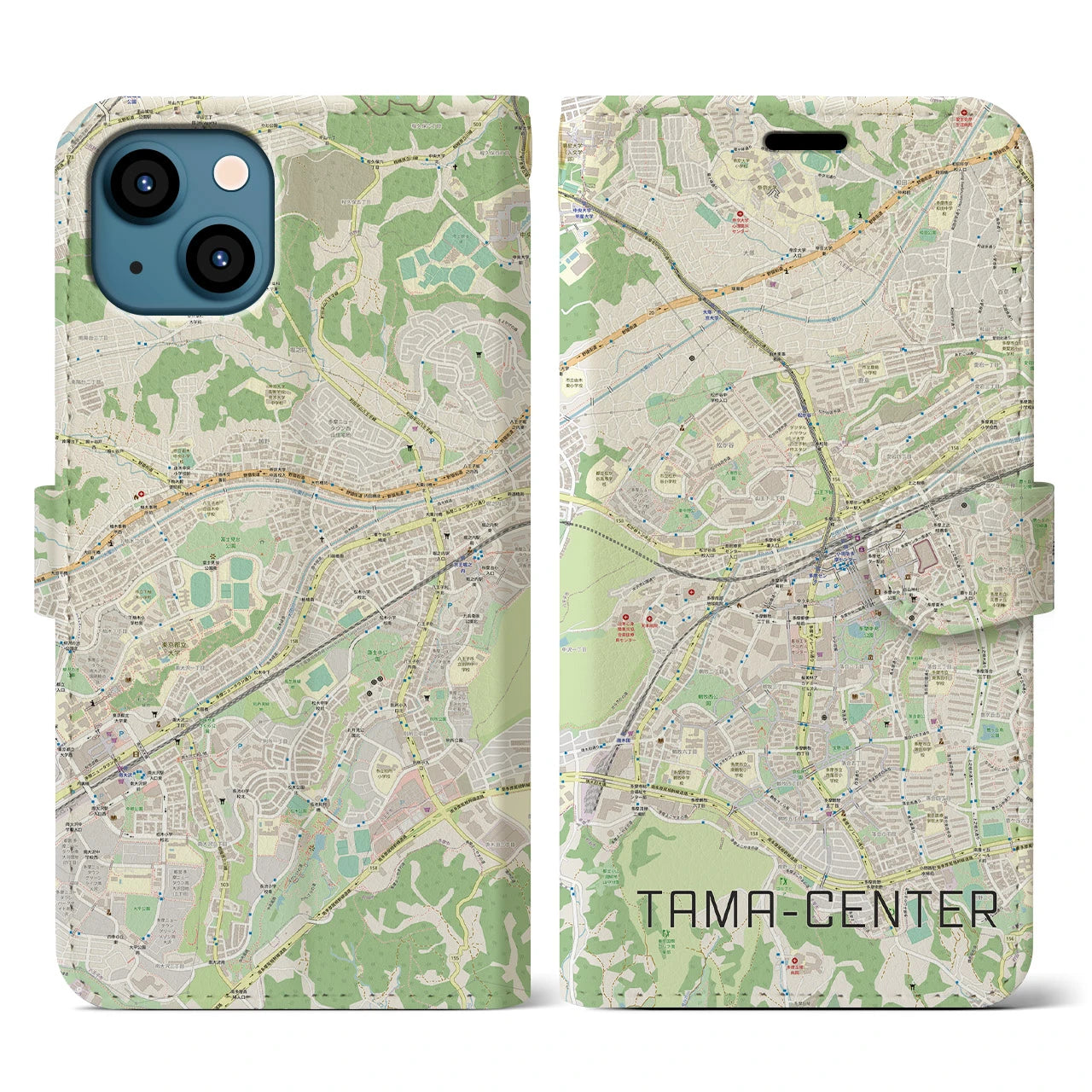 【多摩センター】地図柄iPhoneケース（手帳両面タイプ・ナチュラル）iPhone 13 用