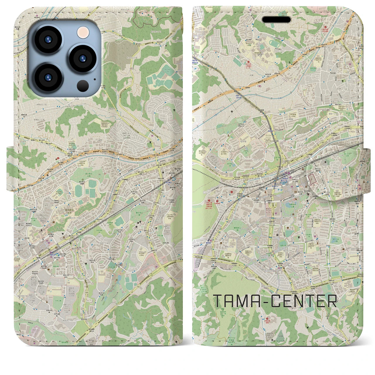 【多摩センター】地図柄iPhoneケース（手帳両面タイプ・ナチュラル）iPhone 13 Pro Max 用