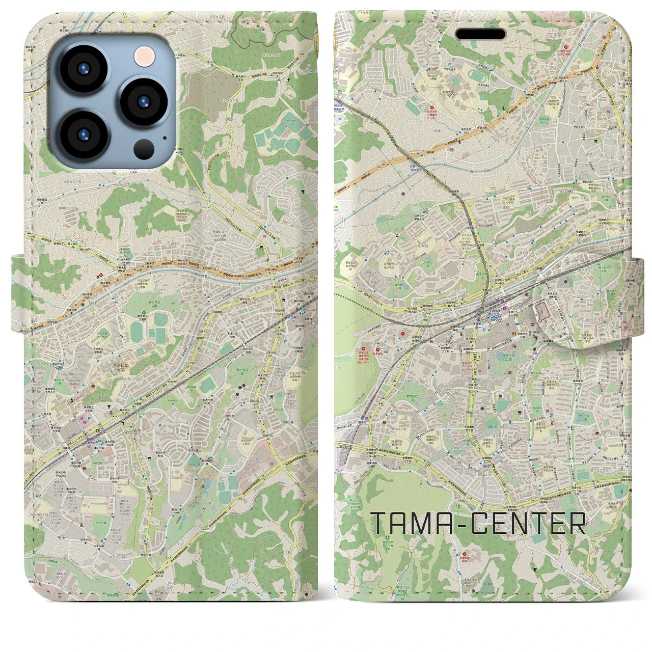 【多摩センター（東京都）】地図柄iPhoneケース（手帳タイプ）ナチュラル・iPhone 13 Pro Max 用