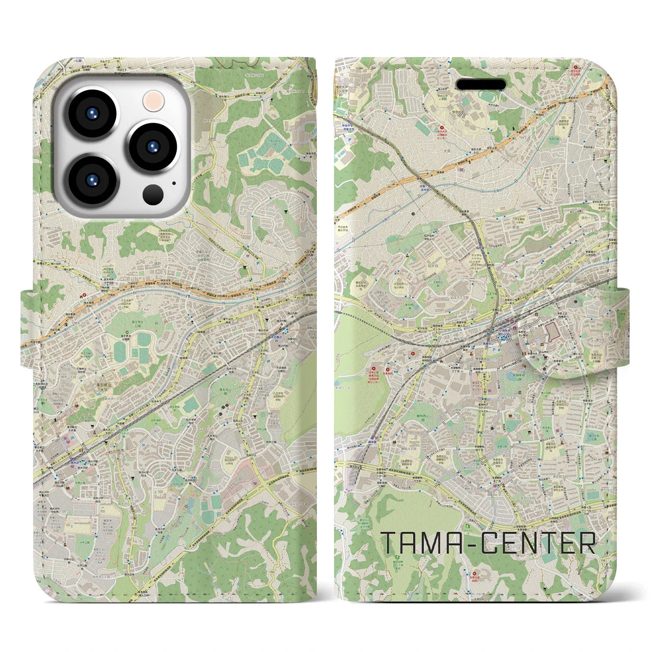 【多摩センター（東京都）】地図柄iPhoneケース（手帳タイプ）ナチュラル・iPhone 13 Pro 用