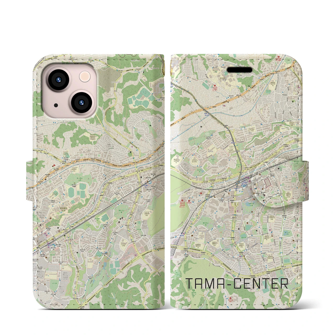 【多摩センター】地図柄iPhoneケース（手帳両面タイプ・ナチュラル）iPhone 13 mini 用