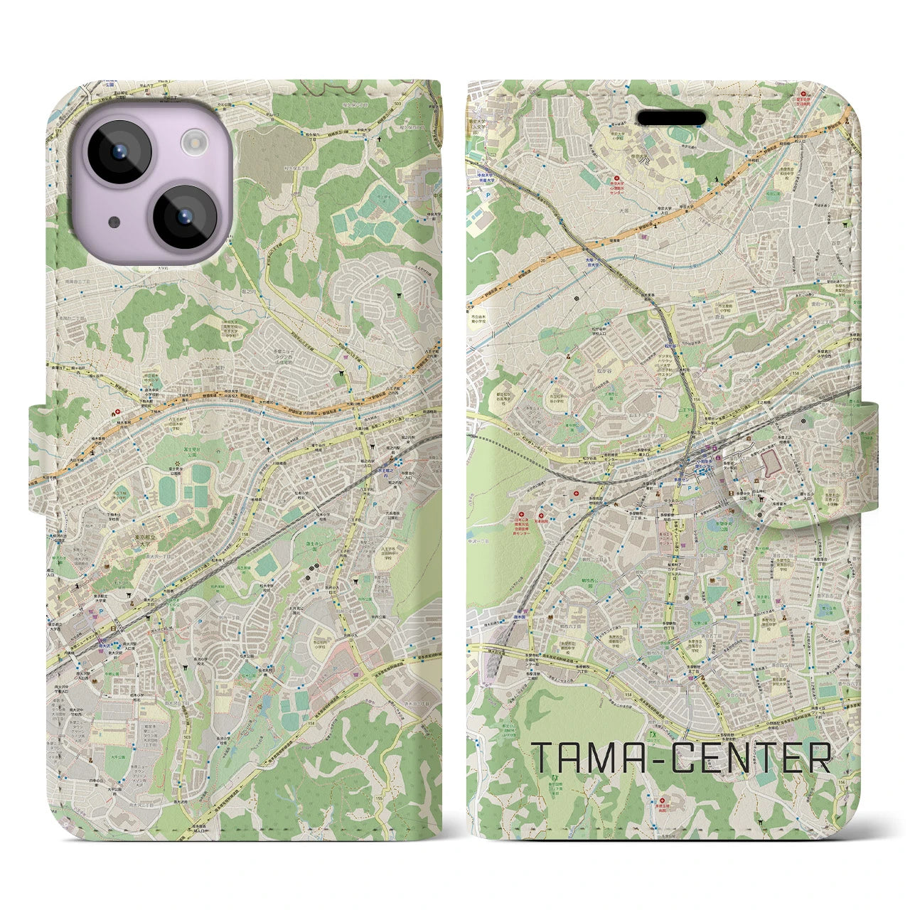 【多摩センター】地図柄iPhoneケース（手帳両面タイプ・ナチュラル）iPhone 14 用