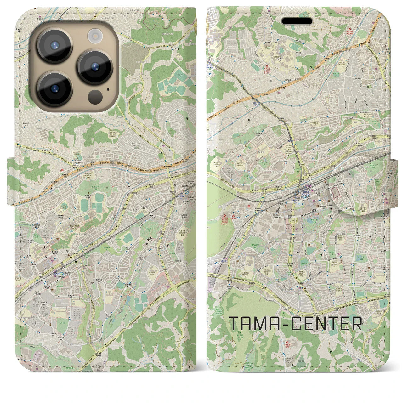 【多摩センター（東京都）】地図柄iPhoneケース（手帳タイプ）ナチュラル・iPhone 14 Pro Max 用