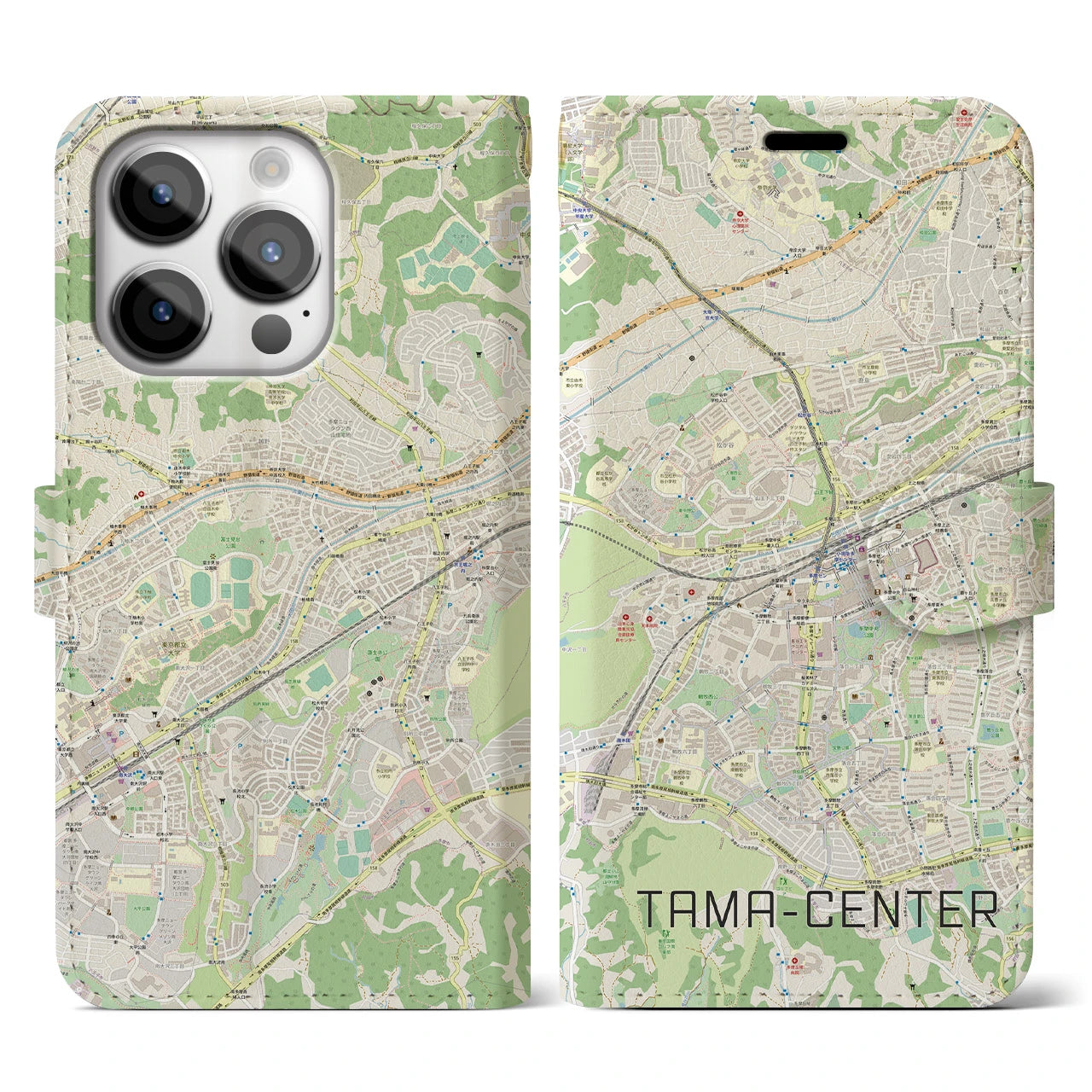 【多摩センター】地図柄iPhoneケース（手帳両面タイプ・ナチュラル）iPhone 14 Pro 用