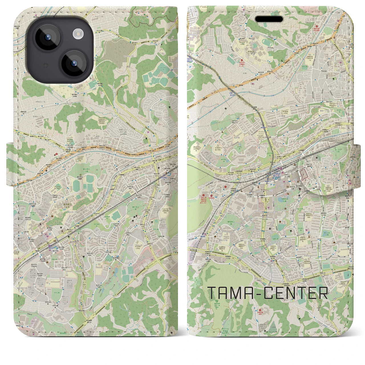 【多摩センター】地図柄iPhoneケース（手帳両面タイプ・ナチュラル）iPhone 14 Plus 用
