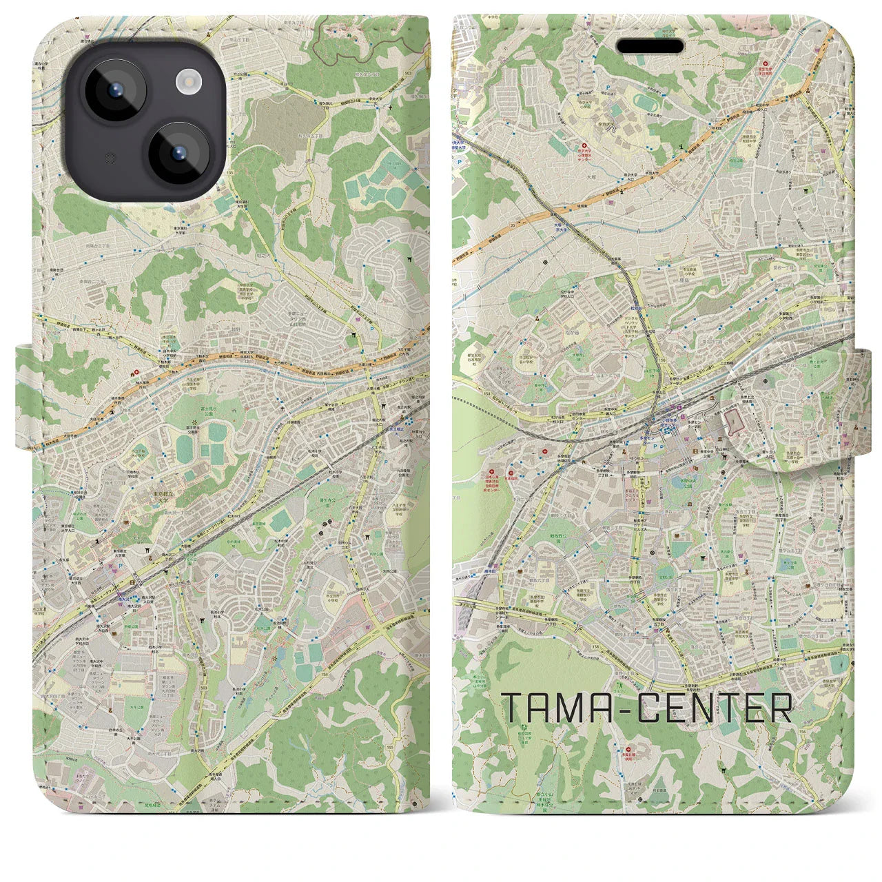 【多摩センター（東京都）】地図柄iPhoneケース（手帳タイプ）ナチュラル・iPhone 14 Plus 用