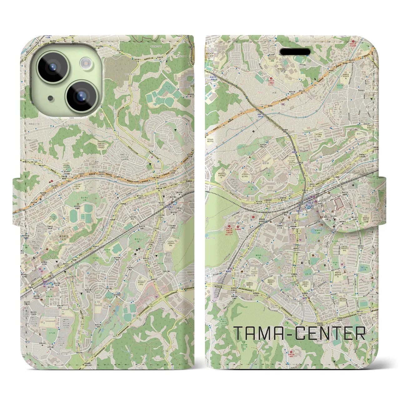 【多摩センター】地図柄iPhoneケース（手帳両面タイプ・ナチュラル）iPhone 15 用