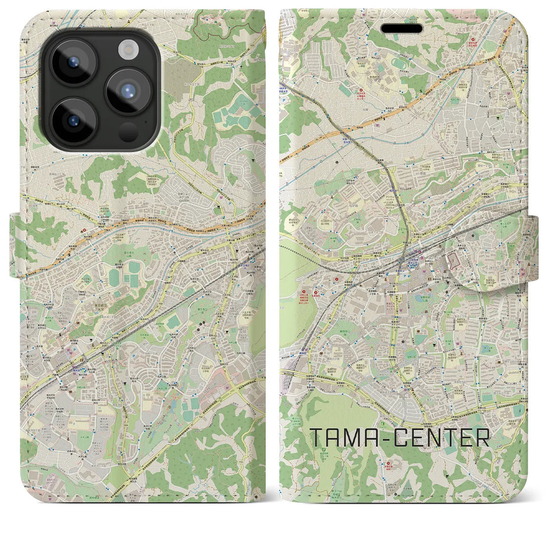 【多摩センター】地図柄iPhoneケース（手帳両面タイプ・ナチュラル）iPhone 15 Pro Max 用