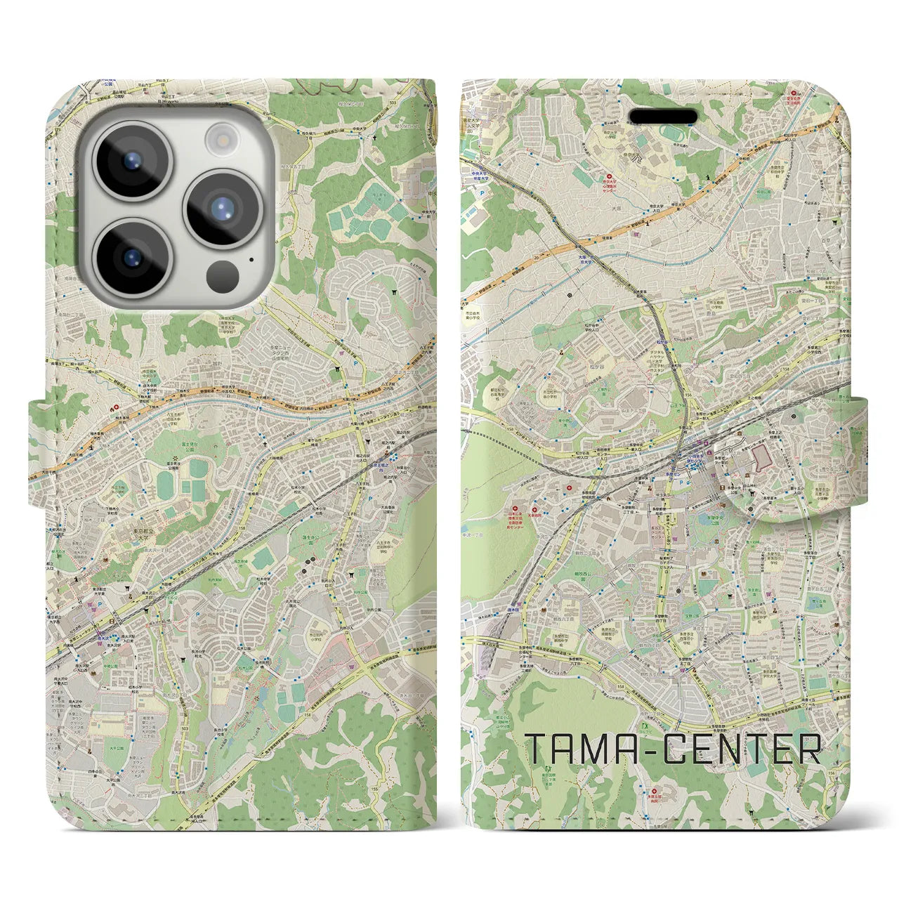 【多摩センター（東京都）】地図柄iPhoneケース（手帳タイプ）ナチュラル・iPhone 15 Pro 用