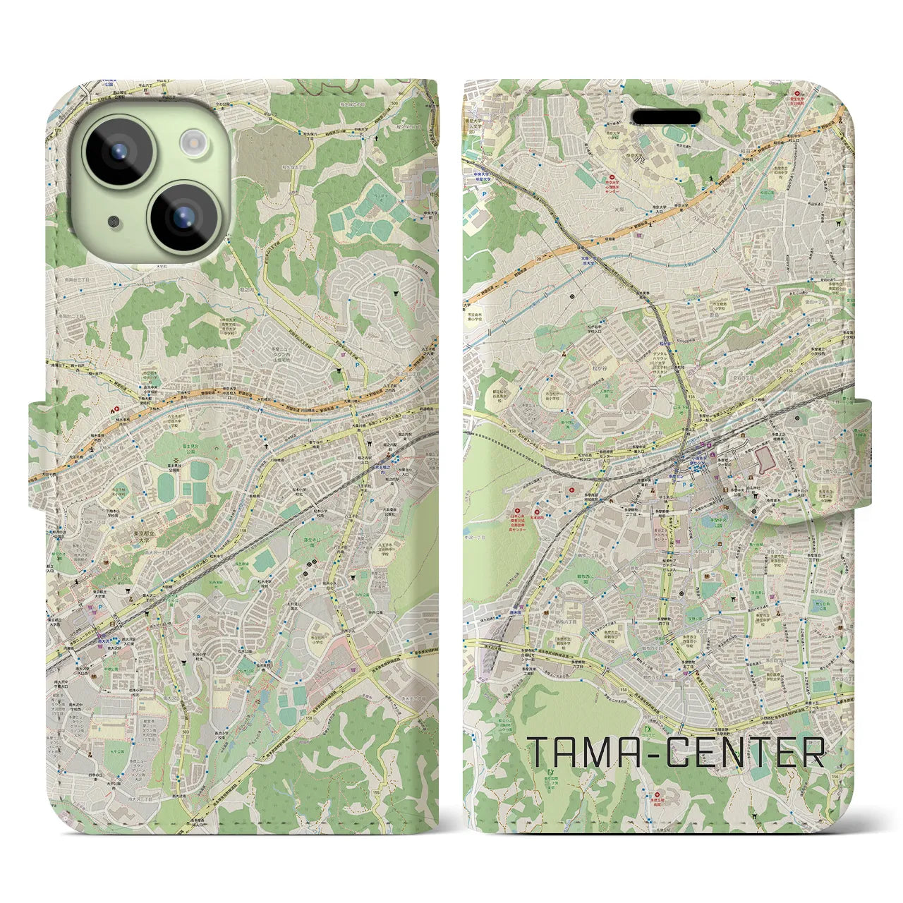 【多摩センター（東京都）】地図柄iPhoneケース（手帳タイプ）ナチュラル・iPhone 15 用