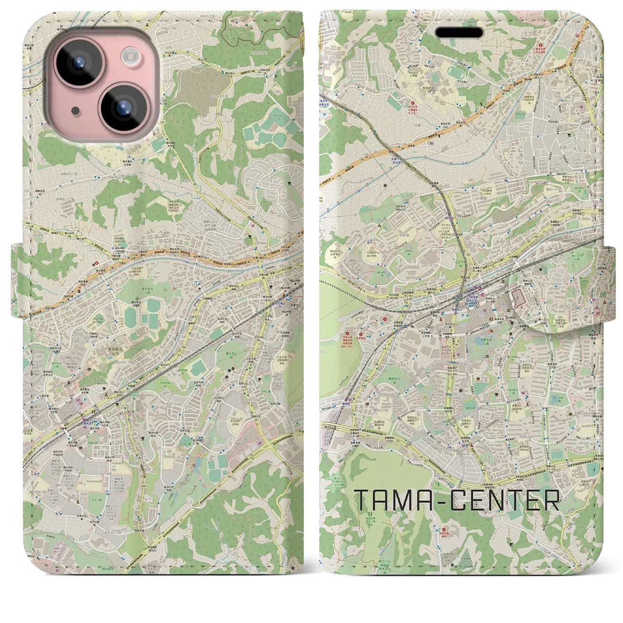 【多摩センター】地図柄iPhoneケース（手帳両面タイプ・ナチュラル）iPhone 15 Plus 用