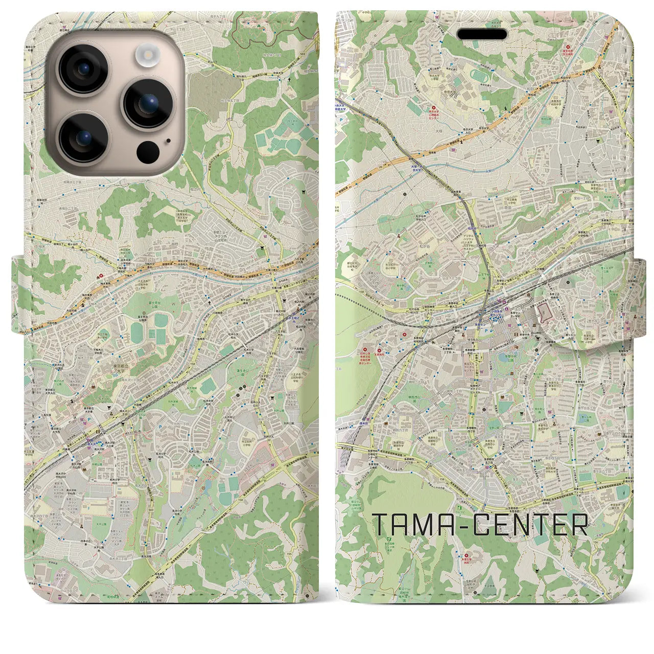 【多摩センター（東京都）】地図柄iPhoneケース（手帳タイプ）ナチュラル・iPhone 16 Plus 用