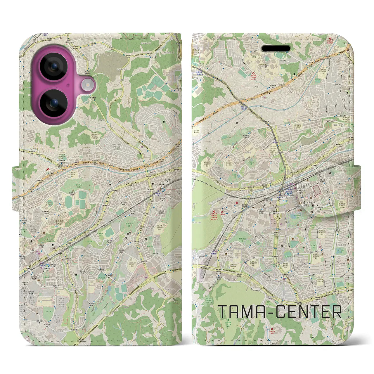 【多摩センター（東京都）】地図柄iPhoneケース（手帳タイプ）ナチュラル・iPhone 16 Pro 用