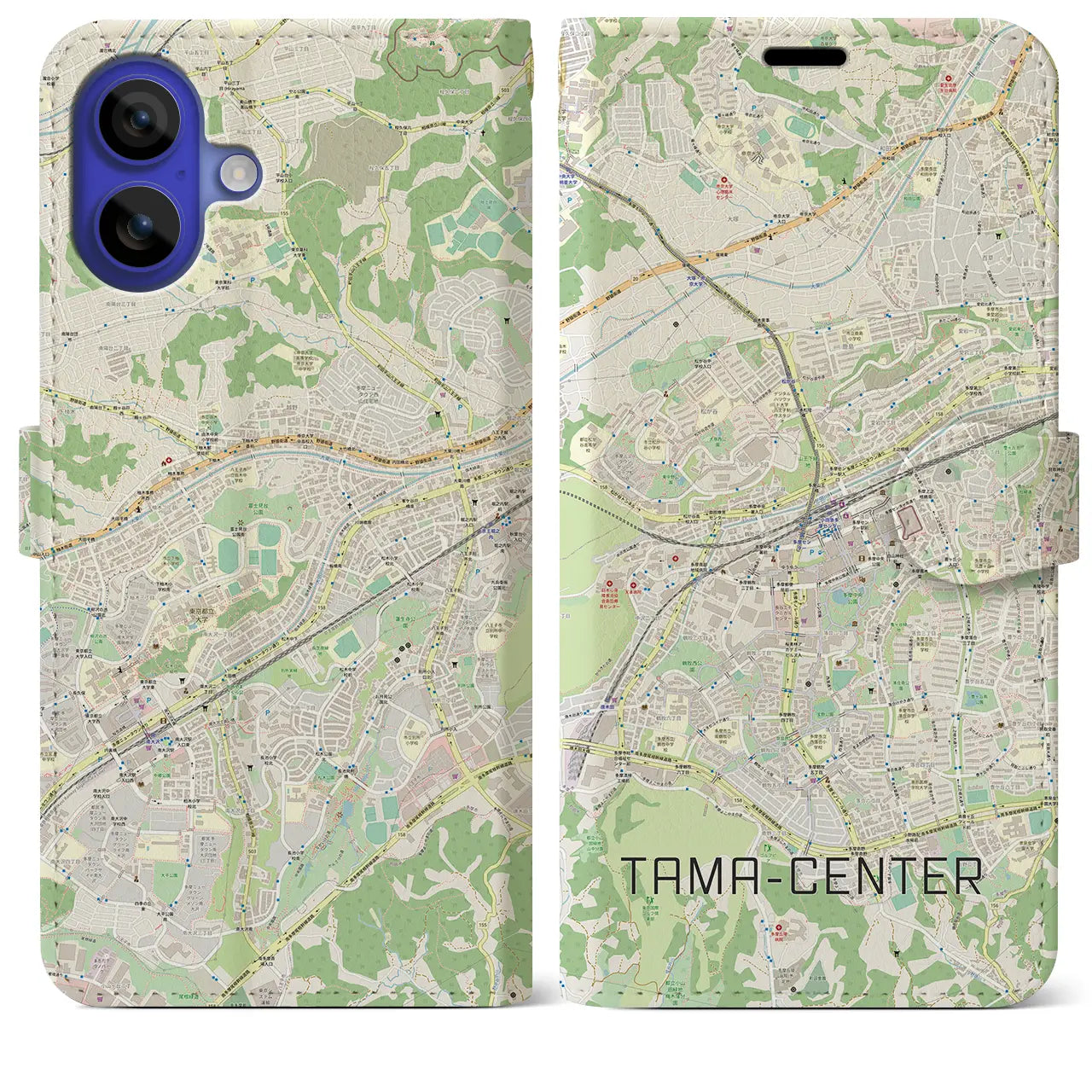 【多摩センター（東京都）】地図柄iPhoneケース（手帳タイプ）ナチュラル・iPhone 16 Pro Max 用