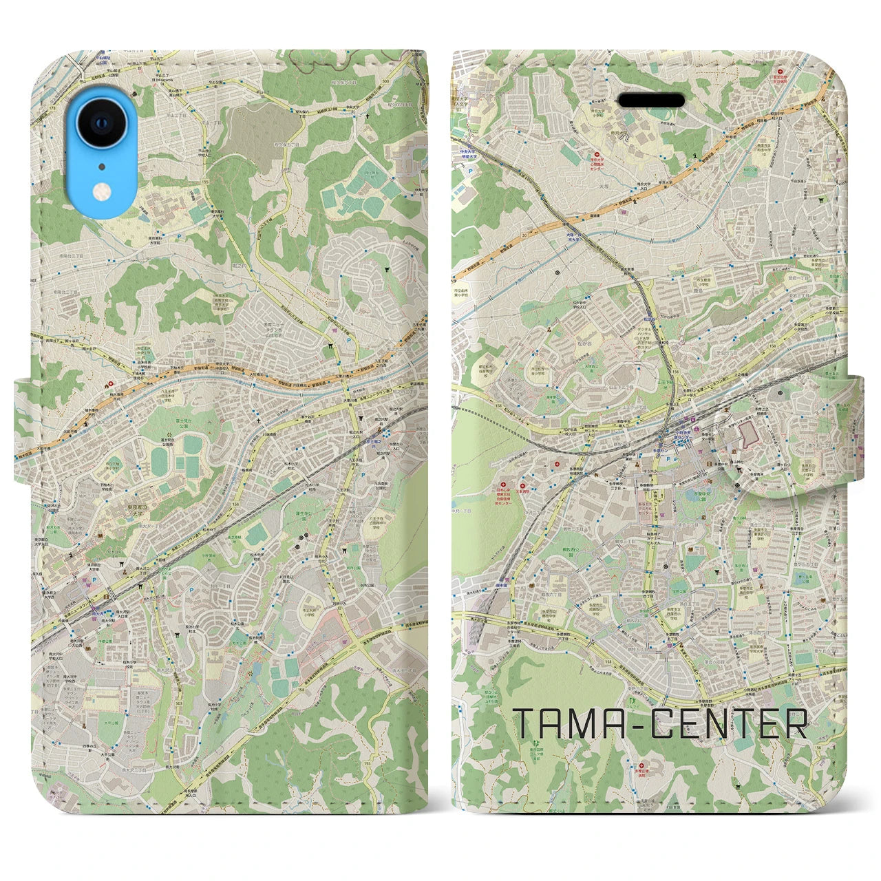 【多摩センター】地図柄iPhoneケース（手帳両面タイプ・ナチュラル）iPhone XR 用