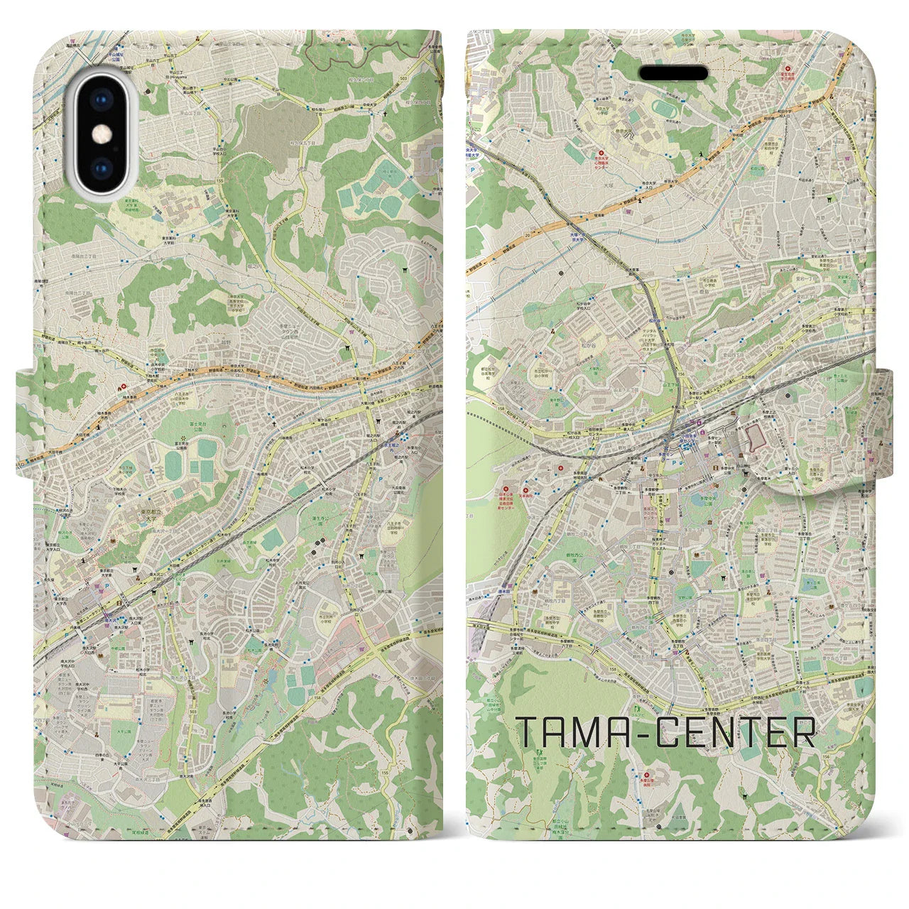 【多摩センター（東京都）】地図柄iPhoneケース（手帳タイプ）ナチュラル・iPhone XS Max 用