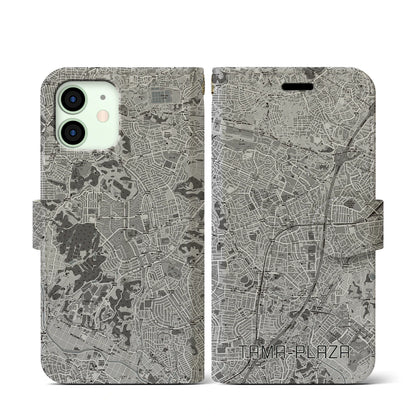 【たまプラーザ（神奈川県）】地図柄iPhoneケース（手帳タイプ）モノトーン・iPhone 12 mini 用