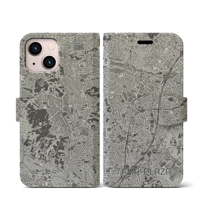 【たまプラーザ（神奈川県）】地図柄iPhoneケース（手帳タイプ）モノトーン・iPhone 13 mini 用