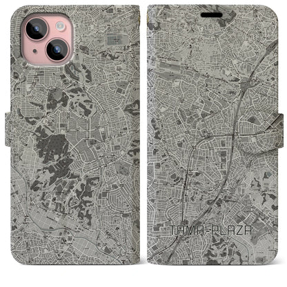 【たまプラーザ（神奈川県）】地図柄iPhoneケース（手帳タイプ）モノトーン・iPhone 15 Plus 用