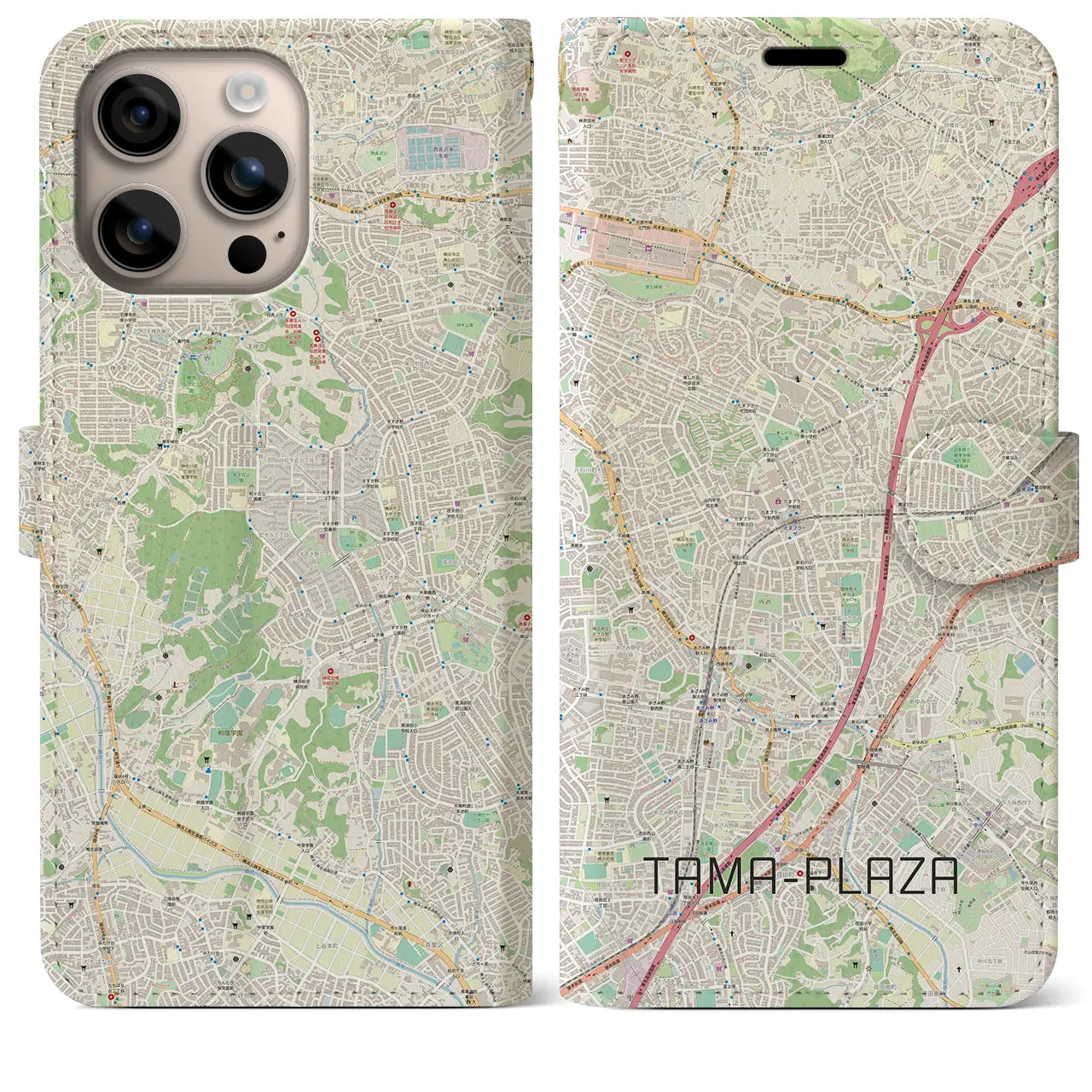 【たまプラーザ（神奈川県）】地図柄iPhoneケース（手帳タイプ）ナチュラル・iPhone 16 Plus 用