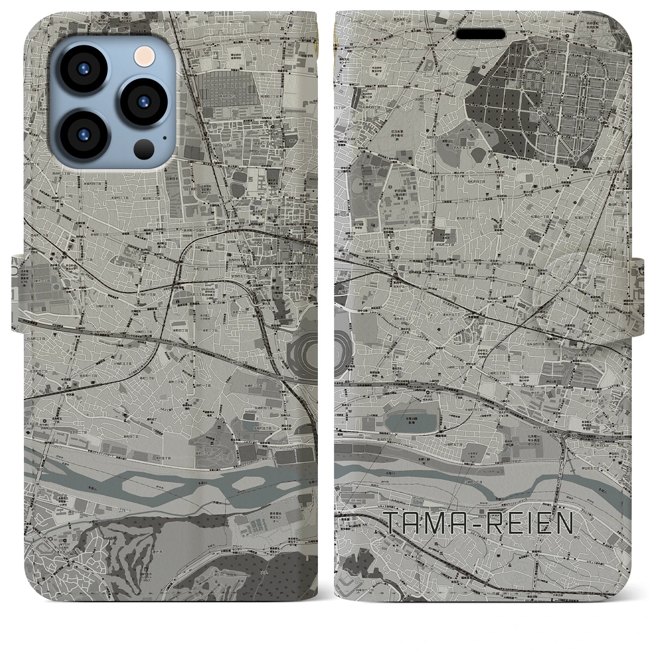 【多磨霊園】地図柄iPhoneケース（手帳両面タイプ・モノトーン）iPhone 13 Pro Max 用